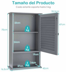 Armário de parede para casa de banho com porta e 3 estantes em MDF para arrumação de toalhas 42 x 17 x 70 cm Cinzento