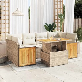 vidaXL 7 pcs conjunto sofás jardim com almofadões vime PE/acácia bege