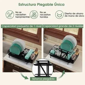 Conjunto de escorredor duplo e secador de louça, escorredor de metal de 2 camadas com suporte para utensílios cozinha Preto