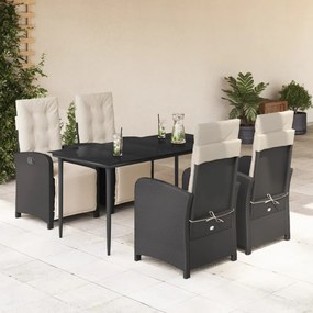 5 pcs conjunto de jantar p/ jardim c/ almofadões vime PE preto