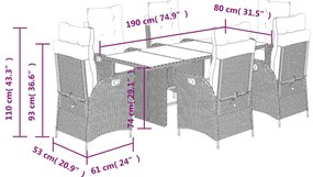 7 pcs conjunto jantar p/ jardim c/ almofadões vime PE castanho