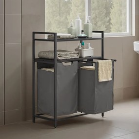 Cesto para roupa suja com 2 compartimentos com 2 prateleiras, saco removível e extraível 73 x 33 x 92 cm Preto + Cinza