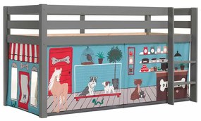 Cama alta de Criança PINO 90 x 200 cm + estrado + escada + cortina Animais Cinzenta