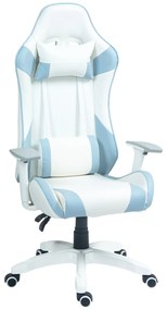 HOMCOM Cadeira Gaming Reclinável com Almofada Lombar Apoio de Cabeça Basculante e Altura Ajustável 67x60x120-128 cm Branco e Azul | Aosom Portugal