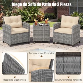Conjunto de jardim de 3 peças, composto por cadeiras de rattan e mesa com tampo de vidro temperado para pátio, rattan em mistura de cinzento com almof
