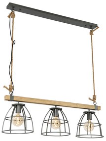 Candeeiro de suspensão industrial em madeira com cinzento escuro 3-luzes - Arthur Industrial
