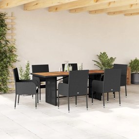 vidaXL 7 pcs conjunto de jantar p/ jardim c/ almofadões vime PE preto