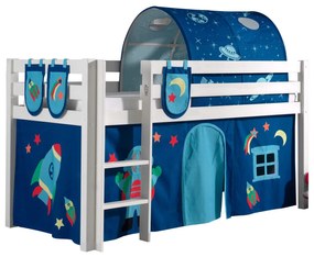 Conjunto Cama alta de Criança PINO 90 x 200 cm + estrado + escada + cortina +3 bolsas + túnel Astronauta Branca