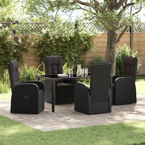 vidaXL Conjunto de Jantar de Jardim 5 Peças com Almofadas Pretas de Rattan Poliéster