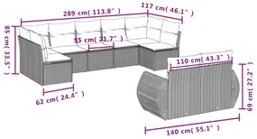 9 pcs conjunto sofás p/ jardim com almofadões vime PE cinzento