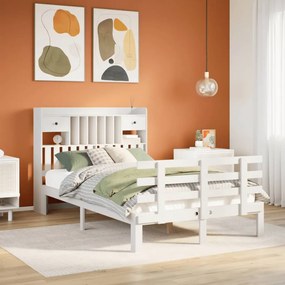 vidaXL Cama com estante sem colchão 135x190 cm pinho maciço branco