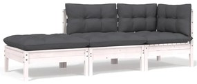 vidaXL 3 pcs conjunto lounge jardim c/ almofadões pinho maciço branco