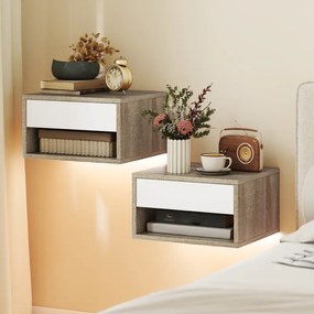 Conjunto de 2 Mesas de Cabeceira Flutuantes com Luzes LED RGB Controlo por APP e Prateleira Aberta 37x32x21 cm Madeira e Branco