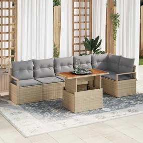 Conjunto de Sofás para Jardim de 7 Peças com Almofadas Bege Vime Sintético Acácia