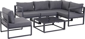 Outsunny Conjunto de Jardim 6 pçs Conjunto de Sofá Exterior Mobiliário de Jardim Alumínio + Poliéster + Vidro Temperado Cinza 4 x Poltronas 1 x Sofá de Canto 1 x Mesa de Apoio Almofadas para 4–5 Pessoas | Aosom Portugal