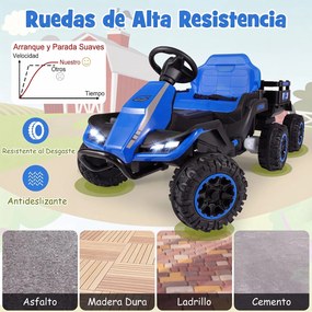 Trator Elétrico Infantil para crianças 3 a 6 anos, 152 x 68 x 60 cm, Reboque Removível, Azul