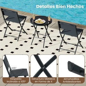 Conjunto de jardim dobrável de 3 peças para exterior com assento respirável e tampo de vidro temperado com estrutura metálica preta