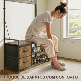 Móvel Cabide de Entrada com Banco 10 Ganchos 2 Gavetas e Barra para Pendurar Estilo Industrial 100x40x180 cm Castanho Rústico