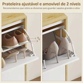 Sapateira Estreita com 2 Portas em Branco Brilhante e Estantes Ajustáveis Pés de Madeira para 12 Pares de Sapatos 60x24x91 cm