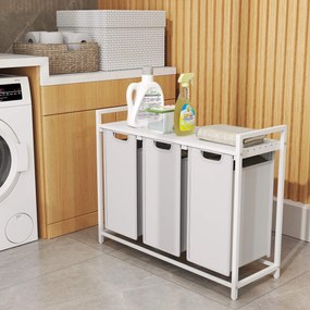 Cesto para roupa suja com 3 compartimentos e prateleira de 114 L, 92,5 x 33 x 72 cm branco
