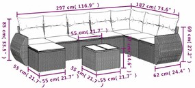9 pcs conj. sofás jardim com almofadões vime PE cinzento-claro
