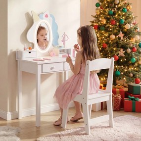 Toucador Infantil com Espelho de Unicórnio e Cadeira, 59 x 35 x 103,5 cm, Espelho LED Ajustável, Branco
