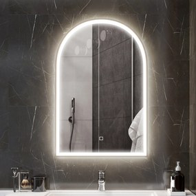 Espelho de casa de banho com LED, 90 x 60 cm, de parede, 3 cores, moldura arqueada em alumínio, sistema antiembaciamento e interruptor tátil dourado