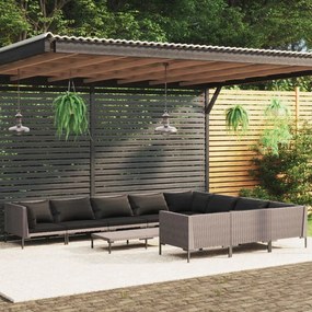 vidaXL 11pcs conj. lounge jardim c/ almofadões vime PE cinzento-escuro