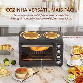 Forno Elétrico de Bancada 28L 2600W com Placas de Cozedura, Temperatura Ajustável, Temporizador e Tabuleiro, Preto