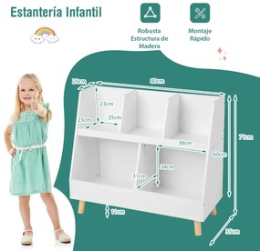 Organizador de brinquedos de 5 compartimentos para crianças Baú de 2 níveis com pernas de madeira Kits anti-queda Estante aberta para crianças Branco