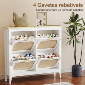 Sapateira Estreita com 4 Portas em Vime e Prateleiras Ajustáveis para 20 Pares de Sapatos 105x24x95,5 cm Branco