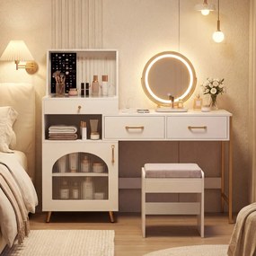 Toucador com espelho e luzes reguláveis 136 x 43 x 127,5 cm, mesa de vidro com 3 gavetas, ranhuras para anéis e ganchos, com porta e banco branco