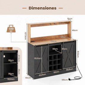 Armario de Cozinha com Garrafeira, 120 x 40 x 127,5 cm, Estação de Carregamento Integrada, Castanho+Preto