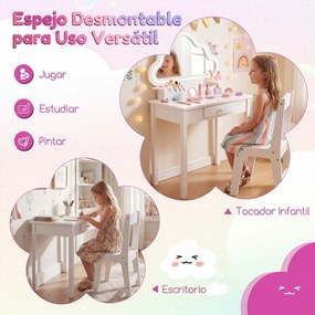 Conjunto de Toucador Infantil com Cadeira, 59 x 35 x 103,5 cm, Espelho em Forma de Nuvem com Luz LED, Branco
