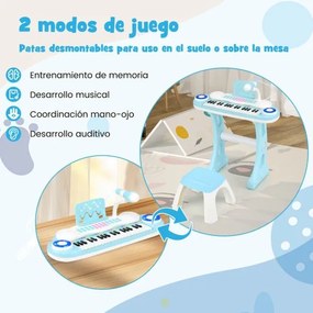 Teclado de piano eletrónico para crianças com 37 teclas e pernas amovíveis Bancada de música Microfone 8 ritmos Azul