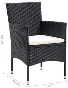 3 pcs conjunto de jantar p/ jardim c/ almofadões vime PE preto