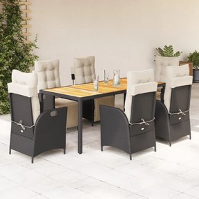 7 pcs conjunto de jantar p/ jardim c/ almofadões vime PE preto