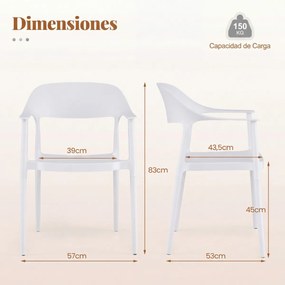 Conjunto de 4 cadeiras de jantar em plástico com encosto curvo, braços e assento amplo; para uso interior e exterior, na sala, terraço ou jardim branc
