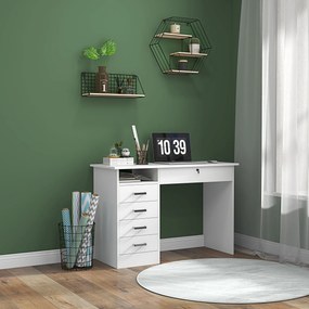 Secretária moderna com 5 gavetas, tampo amplo, 1 compartimento aberto, gaveta com fechadura, 110 x 50 x 76 cm, branca