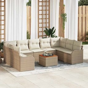 Conjunto de Sofá de Jardim vidaXL 10 Peças com Almofadas Bege Rattan Poly Acácia