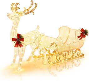 Conjunto de Rena e Trenó do Pai Natal, 50 x 184 x 123 cm, Pré-iluminado com 215 Luzes LED, Branco