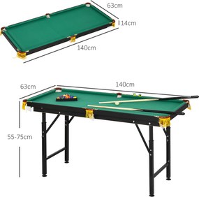 Mesa de Bilhar para crianças Dobrável 140 cm com Altura Ajustável, 16 Bolas, 2 Tacos, 2 Giz, Triângulo e Escova, Verde