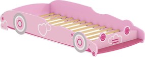 Cama Infantil 70x140 cm em Forma de Carro (COLCHÃO NÃO INCLUIDO) com Barreira de Proteção e Estrado para Crianças de 3-5 Anos Rosa
