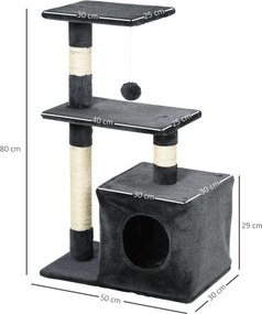 Arranhador para Gatos 50x30x81,5 cm Centro de Atividades para Gatos com Poste de Sisal Plataformas e Caverna Cinza