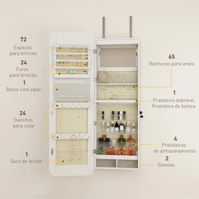Espelho para Joias com Luz LED Montado na Parede ou na Porta com Fechadura Espelho de Corpo Inteiro 2 Gavetas Branco