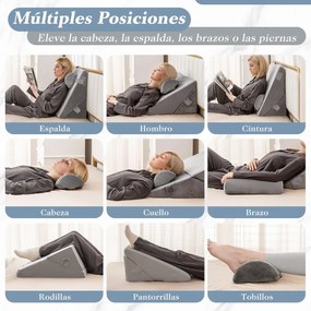 Conjunto de 3 almofadas em cunha para cama, com espuma viscoelástica ortopédica para as costas e as pernas, na cor cinzenta