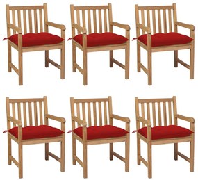 vidaXL Cadeiras de jardim c/ almofadões vermelhos 6 pcs teca maciça