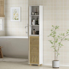 Armário de casa de banho, móvel de arrumação para casa de banho com porta de ripas de bambu e compartimentos abertos 35 x 26 x 173 cm branco