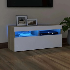 vidaXL Móvel de TV com luzes LED 90x35x40 cm branco e carvalho sonoma