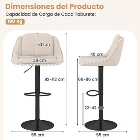 Conjunto de 2 bancos de bar modernos estofados em chenille com altura ajustável, encosto e assento acolchoados, apoio para os pés e giratórios, bege